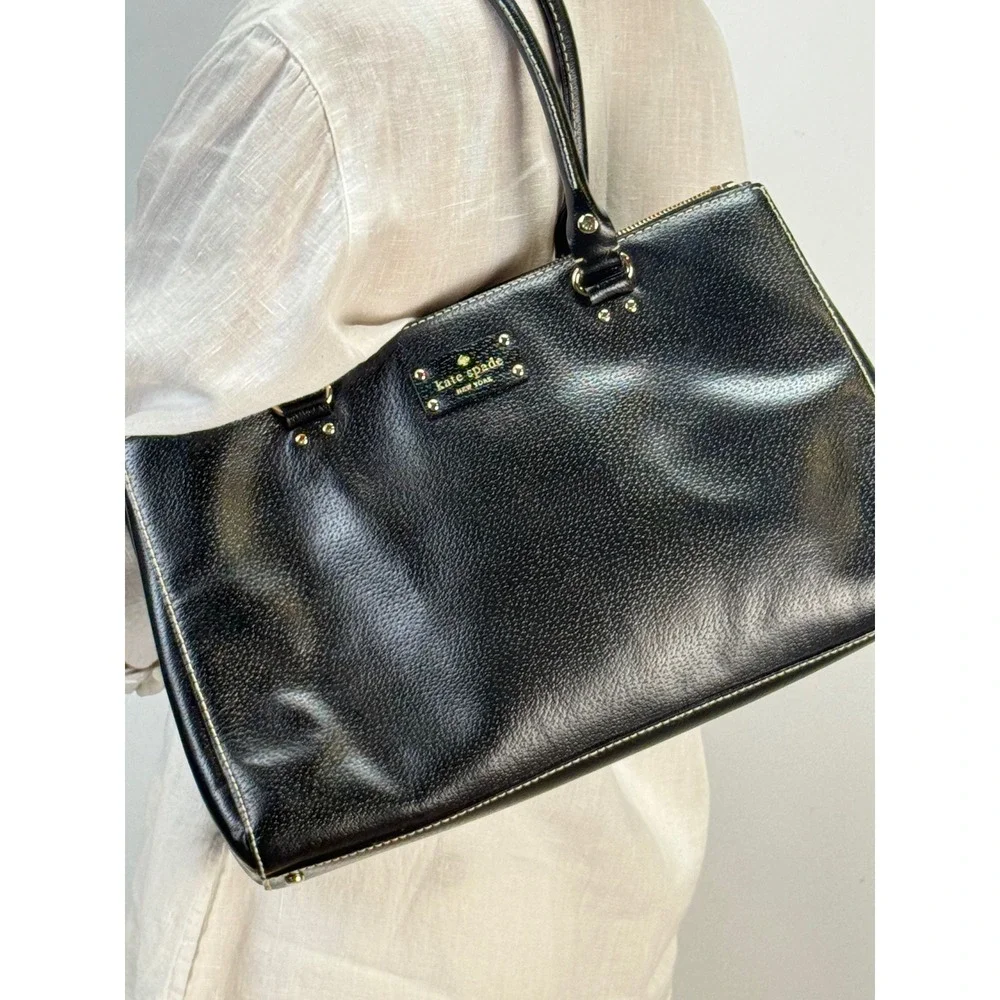 Kate Spade Black Pebbled Leather Wellesley Martine Tote Bag Contrast Stitch